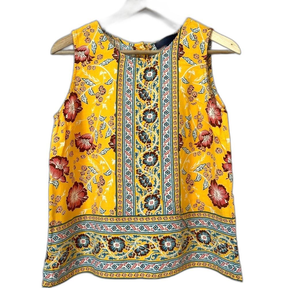 Rachel Roy Button Back Floral Print Sleeveless Top XS Yellow Boho Western Summer